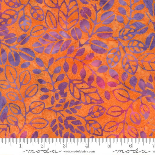 Sunburst Batiks - Purple Pink Leaves Vines on Orange Batik Fabric, Moda 4370 14 Tangerine, Multicolored Batiks, By the Yard
