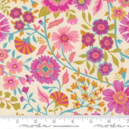 Parlor - Wild and Free Pink Purple Flowers on Cream Fabric, Moda 11961 11 Cream, Purple Pink Blue Green Floral Fabric, Manning, By the Yard