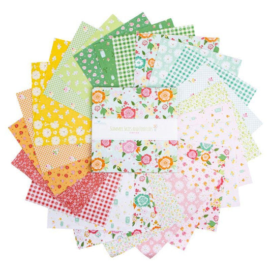 Summer Skies and Fireflies 10" Stacker, Riley Blake 10-16370-42, 10" Precut Pink Green Blue Yellow Floral Charm Fabric Squares, Larson