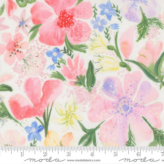 Sweet Cecily - Pastel Watercolor Florals on White Fabric, Moda 24640 16 Lily, Large Floral Quilt Fabric, Janet Clare, By the Yard