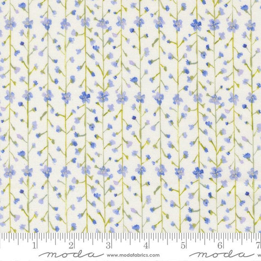 Sweet Cecily - Small Blue Flower Stripes on White Fabric, Moda 24645 11 Hyacinth, Blue White Floral Quilt Fabric, Janet Clare, By the Yard