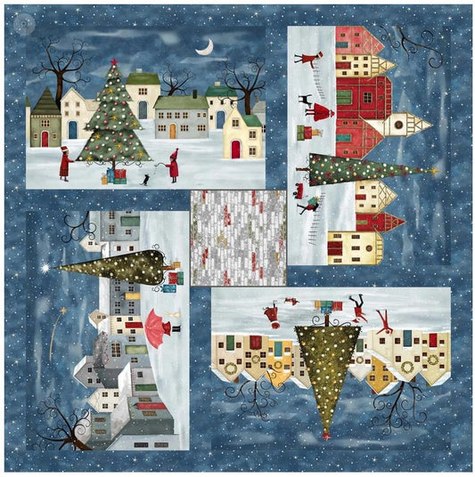 It's the Holidays - Holiday Village 43" Fabric Panel, Henry Glass HG-2037P-75 Denim, Unique Christmas Xmas Village Quilt Panel
