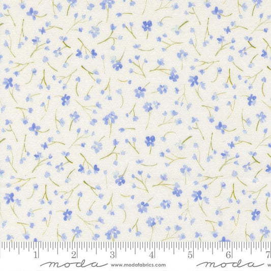 Sweet Cecily - Small Blue Flowers on White Fabric, Moda 24644 11 Hyacinth, Blue White Floral Blender Quilt Fabric, Janet Clare, By the Yard