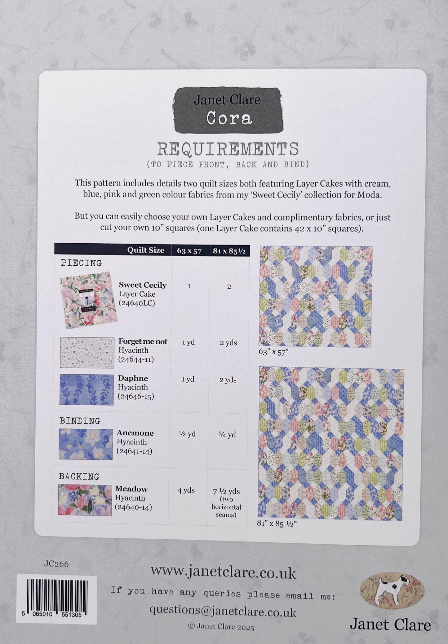 Cora Quilt Pattern, Janet Clare JC266, 10" Precut Squares Layer Cake Friendly Throw Bed Quilt Pattern