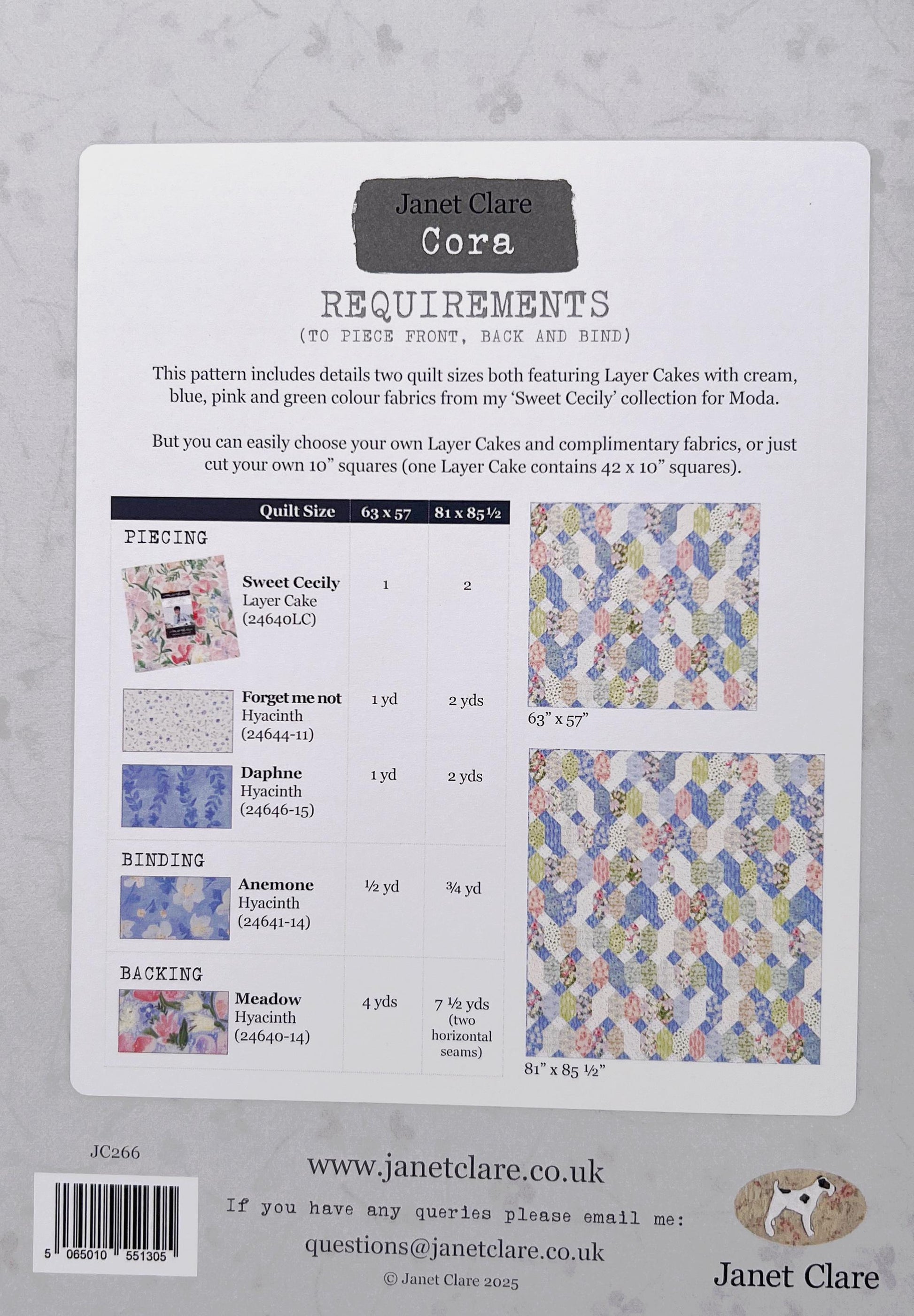 Cora Quilt Pattern, Janet Clare JC266, 10" Precut Squares Layer Cake Friendly Throw Bed Quilt Pattern