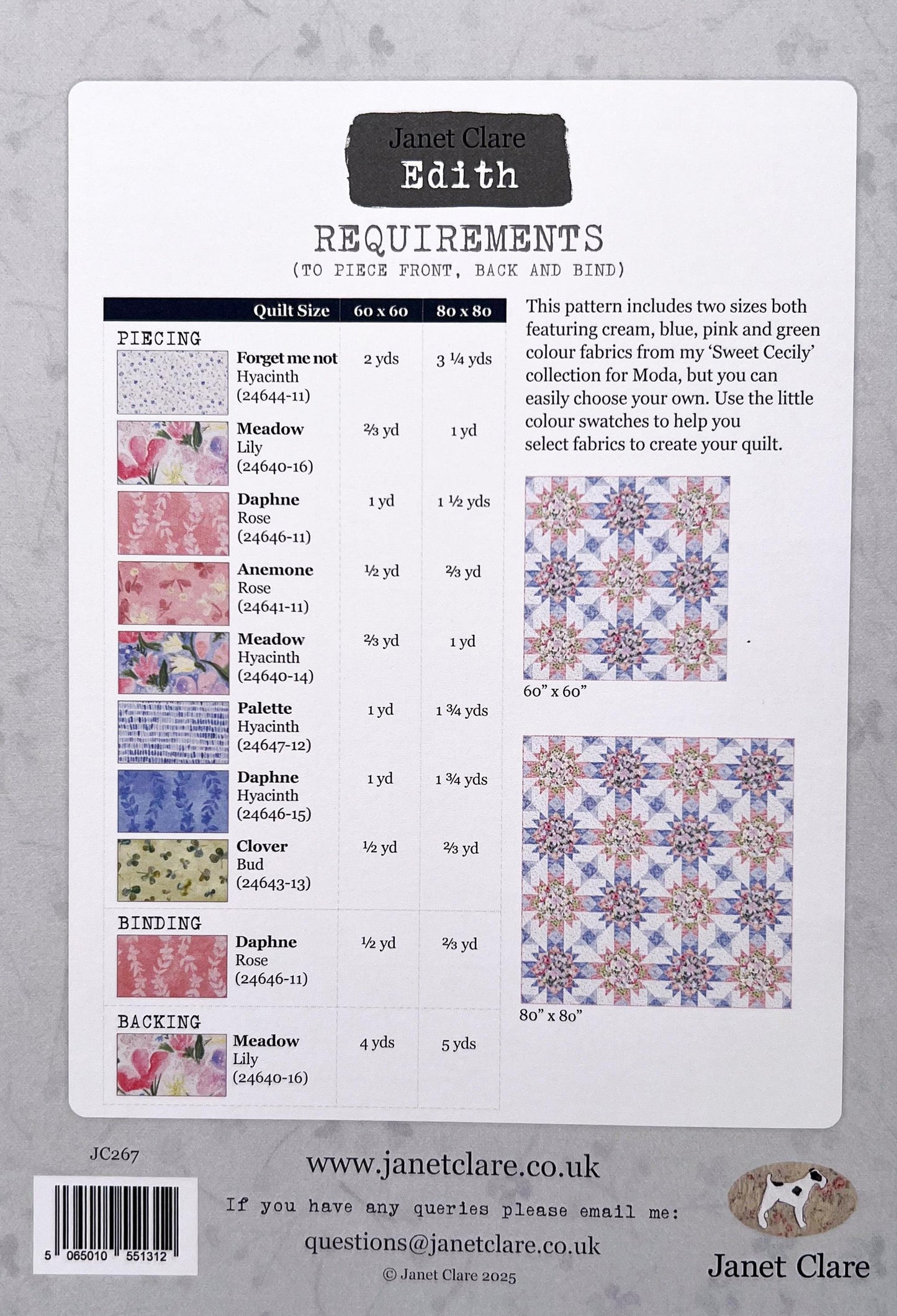 Edith Quilt Pattern, Janet Clare JC267, Yardage Friendly Flowers Stars Throw Bed Square Quilt Pattern