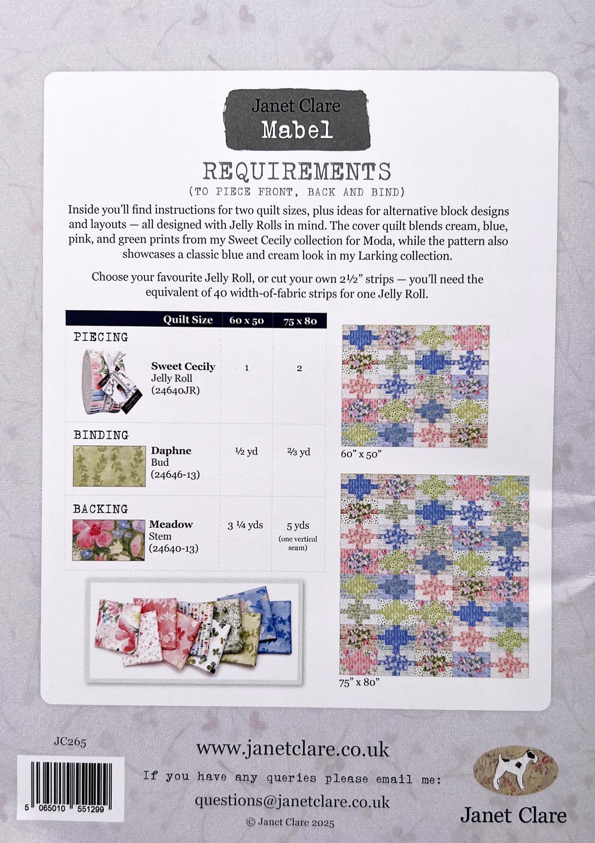 Mabel Quilt Pattern, Janet Clare JC265, 2.5" Precut Jelly Roll Strips Friendly Throw Bed Quilt Pattern