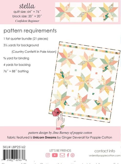 Stella Quilt and Table Runner Pattern, Poppie Cotton LBP25162, Fat Quarter FQ Friendly Stars Throw Table Quilt Pattern