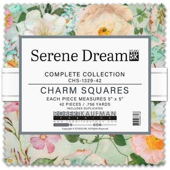 Serene Dream 5" Charm Squares, Robert Kaufman CHS-1329-42, Pink Green Blue Purple Asian Japanese Inspired 5" Precut Fabric Squares