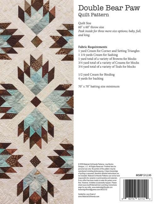 Double Bear Paw Quilt Pattern, Material Girlfriends MGF32, Yardage Scrap Friendly Bear Paw Baby Throw Queen King Bed Quilt Pattern