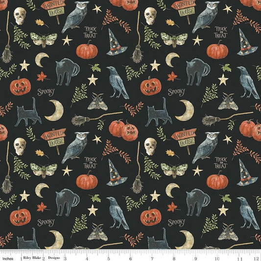 Trick or Treat - Spooky Halloween Icons on Black Fabric, Riley Blake C15962-Black, Owls Jack O Lanterns Fabric, Lisa Audit, By the Yard