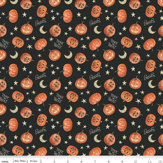 Trick or Treat - Halloween Pumpkins on Black Fabric, Riley Blake C15964-Black, Jack O Lanterns Quilt Fabric, Lisa Audit, By the Yard