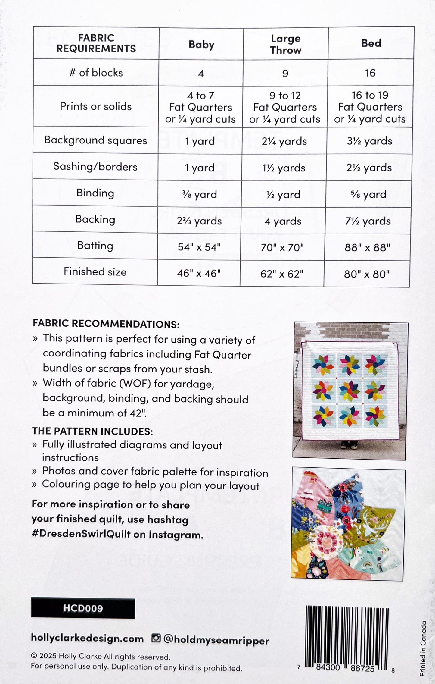 Dresden Swirl Quilt Pattern, Holly Clarke Design HCD 009, Fat Quarter FQ Friendly Baby Throw Bed Applique Quilt Pattern, Dresden Plate Quilt