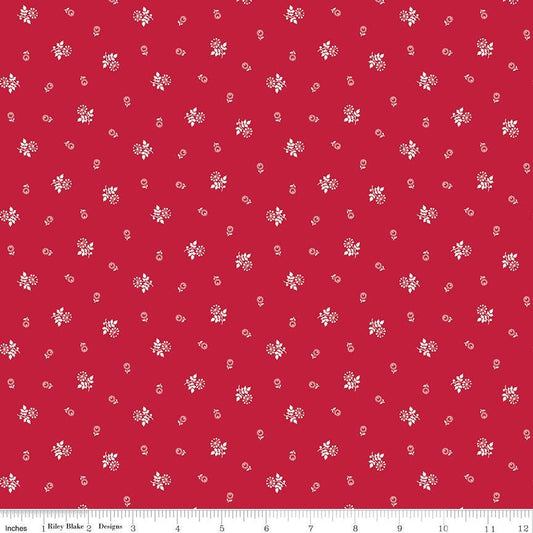 Red Delicious - White Flowers on Red Fabric, Riley Blake C15668-RED, Raspberry Galette Red White Floral Cotton Blender Fabric, By the Yard