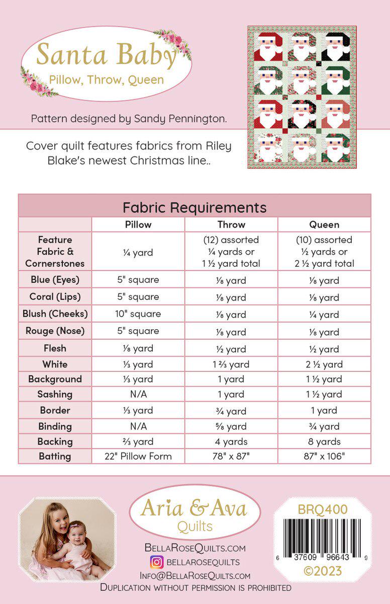 Santa Baby Quilt and Pillow Cover Pattern, Aria and Ava BRQ400, Yardage Friendly Christmas Xmas Santa Throw Queen Bed Quilt Pattern