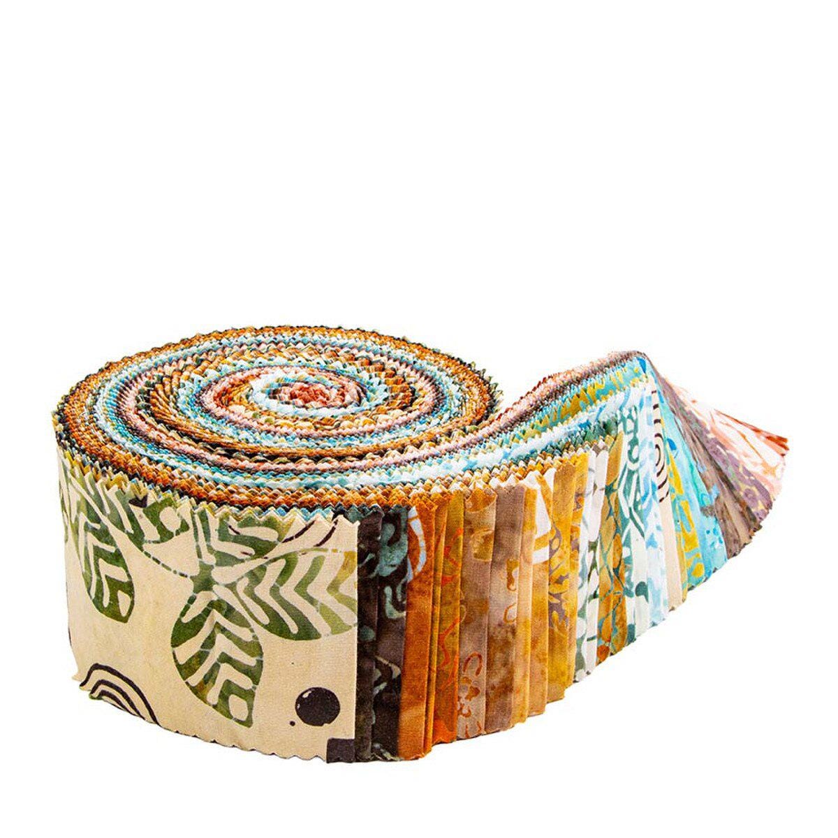 Expressions Batiks Kalinda Rolie Polie, Riley Blake RP-23487-40, 2.5" Precut Green Blue Brown Rust Tropical Batik Fabric Strips, Pat Fryer