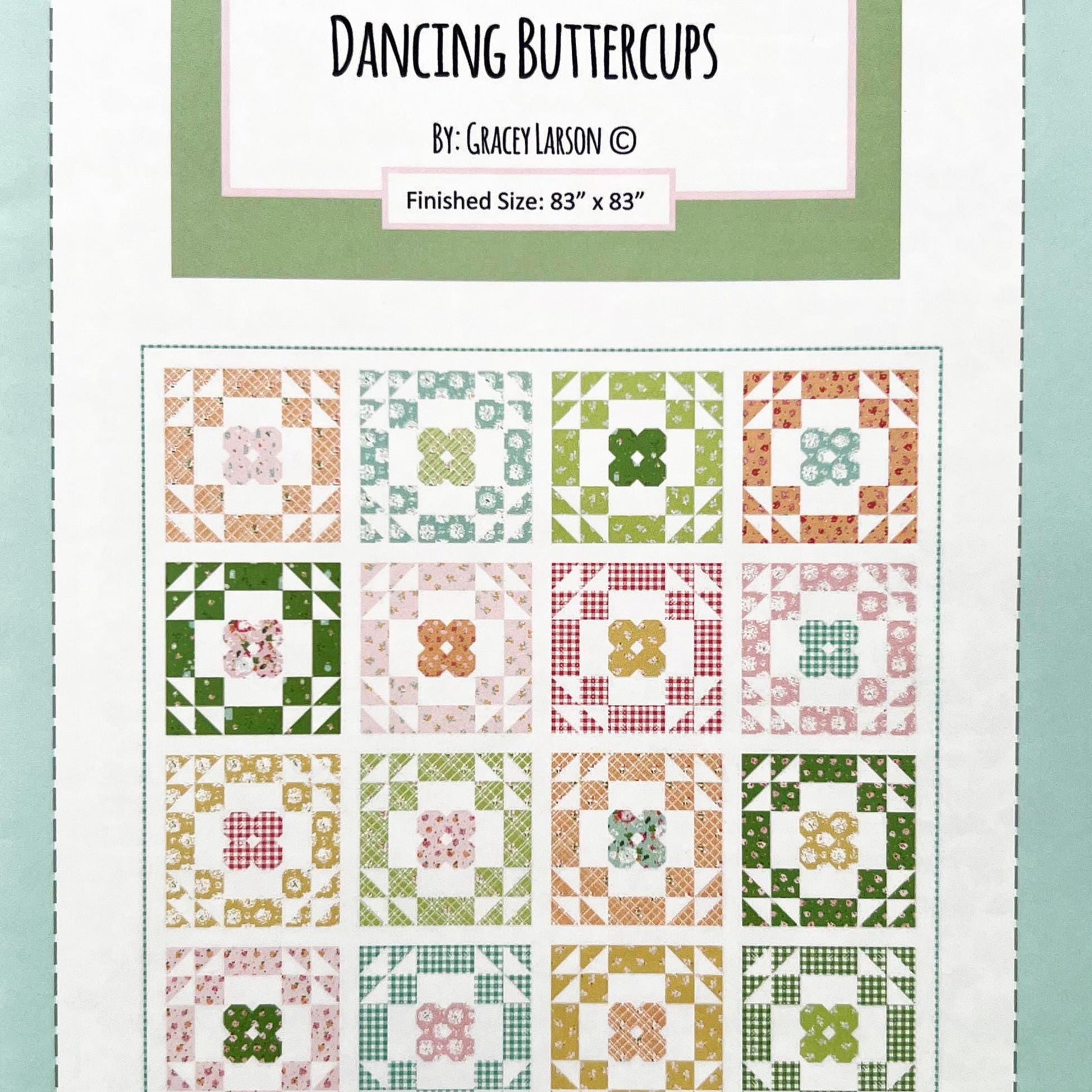 Dancing Buttercups Quilt Pattern, Gracey Larson P155-BUTTERCUPS, FQ Fat Quarter Friendly Flowers Square Lap Throw Quilt Pattern