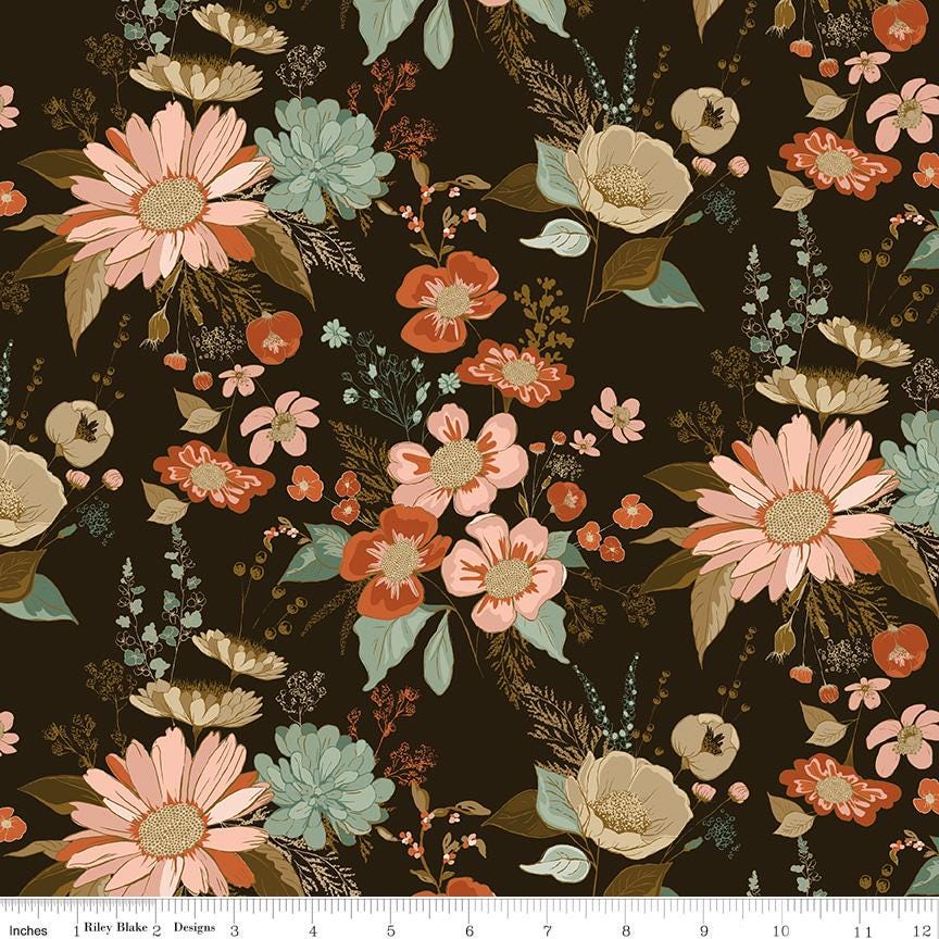 Morning Latte 5" Stacker, Riley Blake 5-16920-42, 5" Precut Pink Blue Brown Rust Autumn Fall Floral Fabric Squares, Sandy Gervais