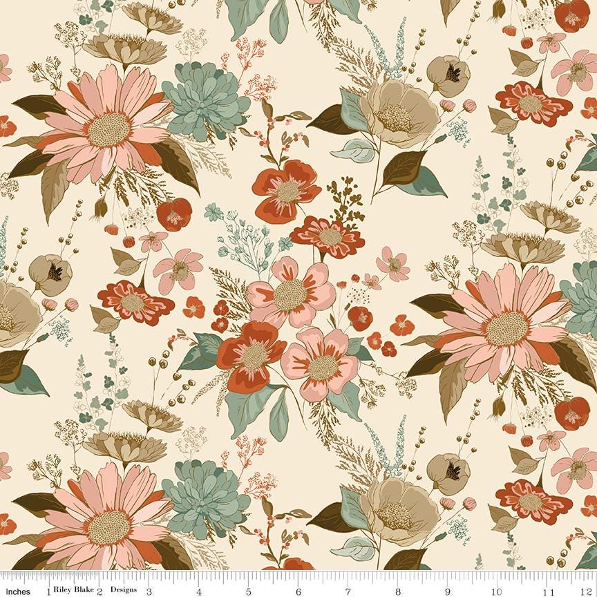Morning Latte 5" Stacker, Riley Blake 5-16920-42, 5" Precut Pink Blue Brown Rust Autumn Fall Floral Fabric Squares, Sandy Gervais