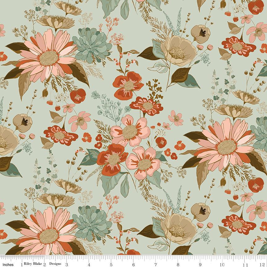 Morning Latte 5" Stacker, Riley Blake 5-16920-42, 5" Precut Pink Blue Brown Rust Autumn Fall Floral Fabric Squares, Sandy Gervais