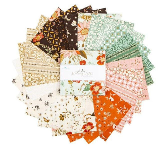 Morning Latte 5" Stacker, Riley Blake 5-16920-42, 5" Precut Pink Blue Brown Rust Autumn Fall Floral Fabric Squares, Sandy Gervais