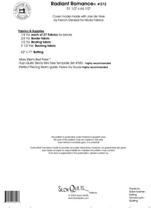 Radiant Romance Quilt Pattern, Suzn Quilts SUZ372, Fat Quarter FQ Friendly Diamonds Throw Quilt Pattern