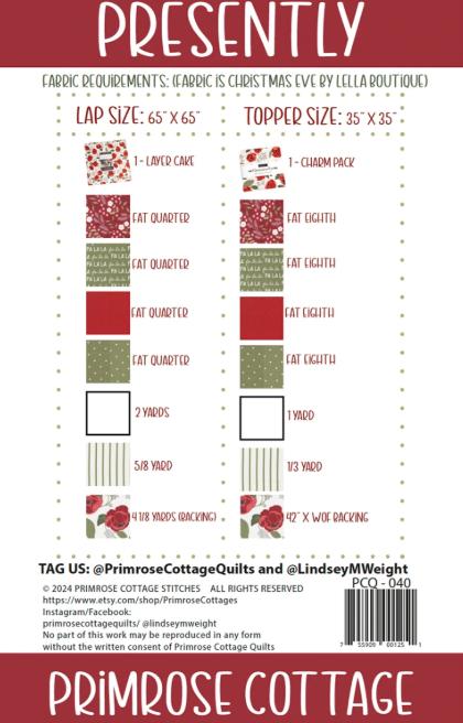 Presently Christmas Quilt and Topper Pattern, Primrose Cottage Quilts PCQ040, Precut Friendly Easy Christmas Gifts Lap Table Quilt Pattern