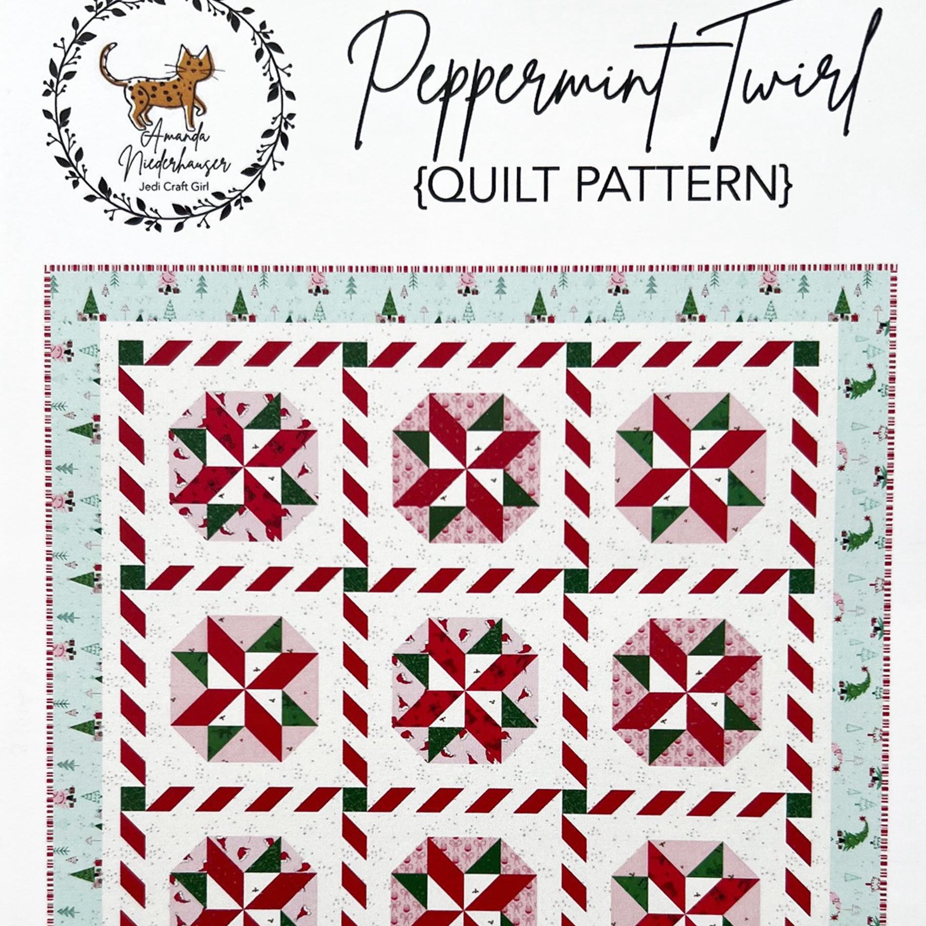 Peppermint Twirl Quilt Pattern, Jedi Craft Girl P156-PEPPERMINTTWIRL, Fat Quarter Friendly Xmas Pinwheel Quilt Pattern, Amanda Niederhauser