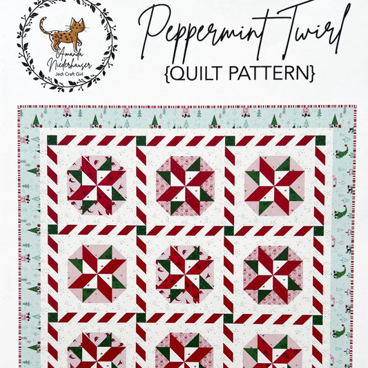 Peppermint Twirl Quilt Pattern, Jedi Craft Girl P156-PEPPERMINTTWIRL, Fat Quarter Friendly Xmas Pinwheel Quilt Pattern, Amanda Niederhauser