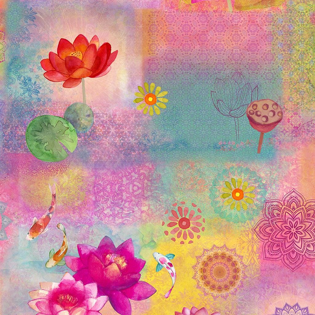 Lily Pond 20 Fat Quarter Bundle, Clothworks FQ0524, Water Lilies Koi Fish Dragonflies Pink Blue Green Floral Fabric