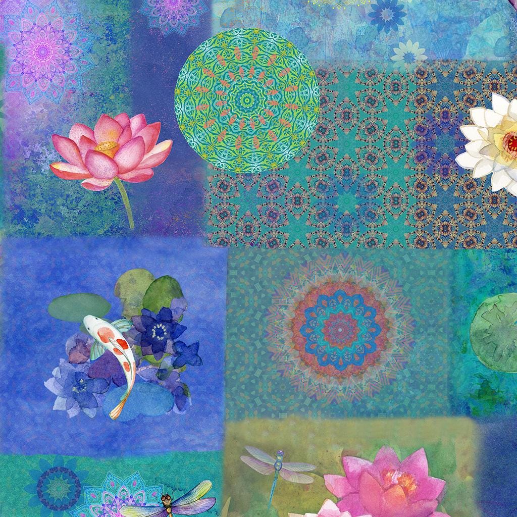 Lily Pond 20 Fat Quarter Bundle, Clothworks FQ0524, Water Lilies Koi Fish Dragonflies Pink Blue Green Floral Fabric