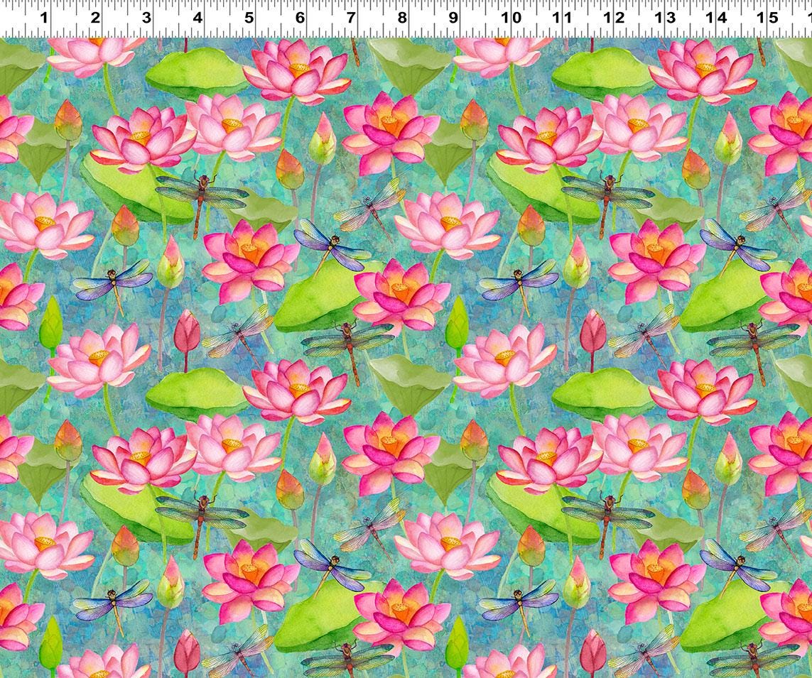 Lily Pond 20 Fat Quarter Bundle, Clothworks FQ0524, Water Lilies Koi Fish Dragonflies Pink Blue Green Floral Fabric