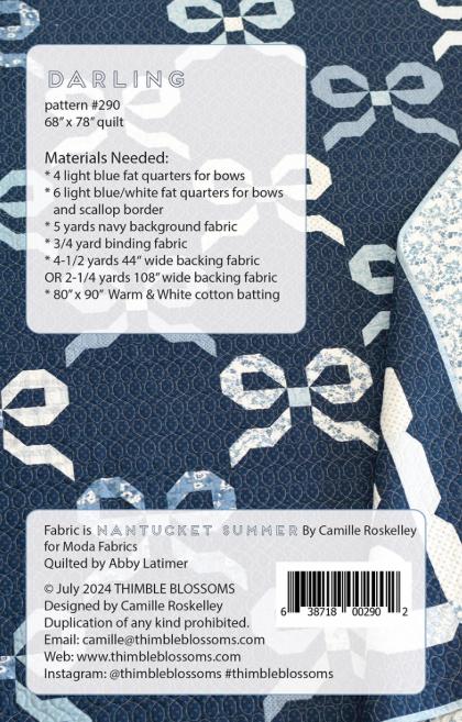 Darling Quilt Pattern, Thimble Blossoms TB290, Fat Quarter FQ Yardage Friendly Bow Bows Throw Quilt Pattern, Camille Roskelley