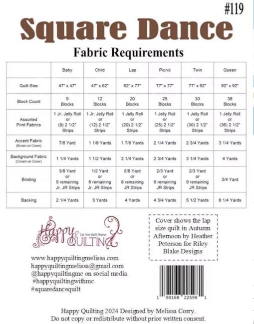 Square Dance Quilt Pattern, Happy Quilting HQ119, 2.5" Jelly Roll Strip Friendly Baby Lap Throw Queen Square Bed Quilt Pattern