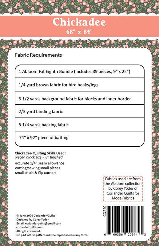 Chickadee Quilt Pattern, Coriander Quilts CQ220, Fat Eighths F8 Friendly Birds Blocks Throw Quilt Pattern, Corey Yoder