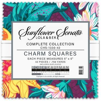 Sunflower Sonata 5" Charm Squares, Robert Kaufman CHS-1330-42, Bright Colorful Digitally Printed Floral 5" Precut Fabric Squares, Lola & Bek
