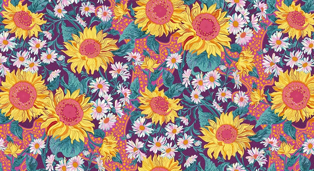 Sunflower Sonata 5" Charm Squares, Robert Kaufman CHS-1330-42, Bright Colorful Digitally Printed Floral 5" Precut Fabric Squares, Lola & Bek