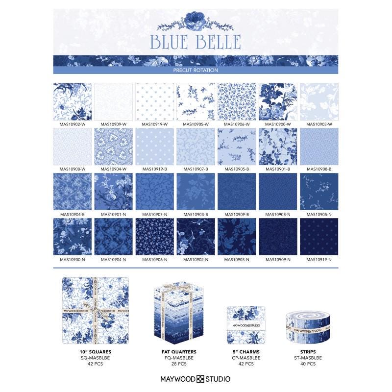 Blue Belle 2.5" Strips, Maywood Studio ST-MASBLBE, 2.5" Precut Blue White Floral Fabric Strips, Floral Fabric Strip Roll