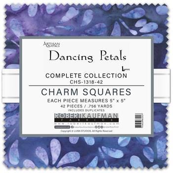 Artisan Batiks Dancing Petals 5" Charm Squares, Robert Kaufman CHS-1318-42, 5" Precut Blue Purple Floral Batik Charm Pack Fabric Squares