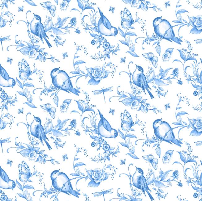 Amalfi Coast 5" Stamp, White Owl AMALFICOAST-05, 5" Precut Blue White Floral Birds Bees Charm Pack Fabric Squares, Susan Winget