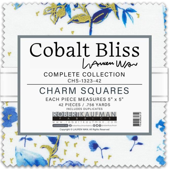 Cobalt Bliss 5" Charm Squares, Robert Kaufman CHS-1331-42, 5" Precut Kitty Cats Cat Lover Floral Charm Pack Fabric Squares, Naharana