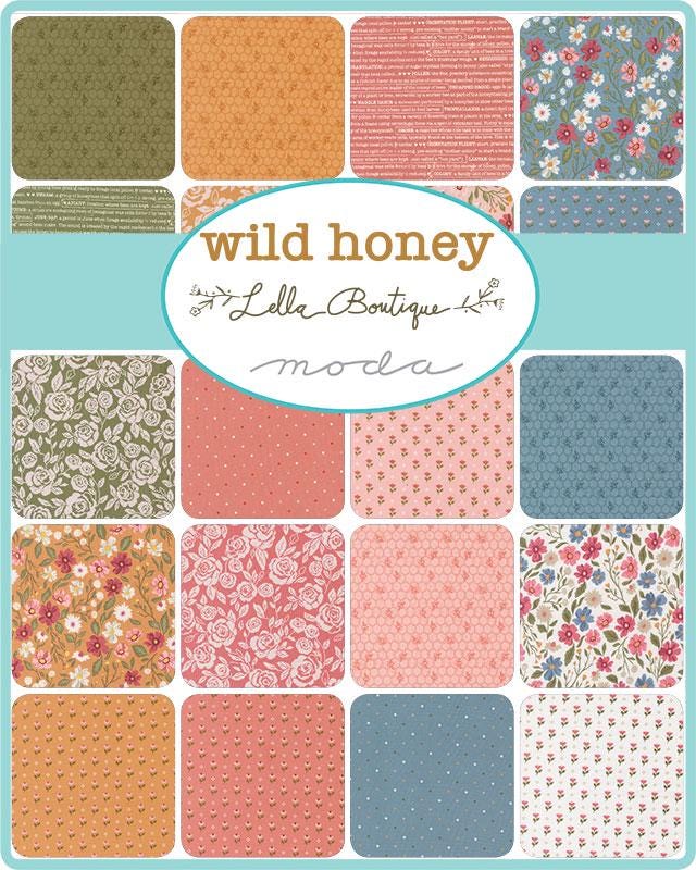 Wild Honey 5" Charm Pack, Moda 5250PP, 5" Precut Floral Honeybees Pink Green Gold Blue Fabric Squares, Lella Boutique