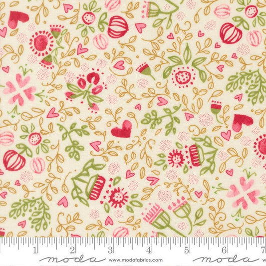 Darling Peony - Pink Green Cream Floral Hearts Cotton Fabric, Moda 48792 11 Cream, Robin Pickens, By the Yard