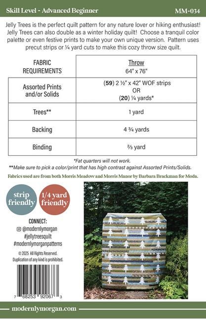 Jelly Trees Quilt Pattern, Modernly Morgan MM-034, Jelly Roll Yardage Friendly Christmas Pine Trees Throw Quilt Pattern, McCollough