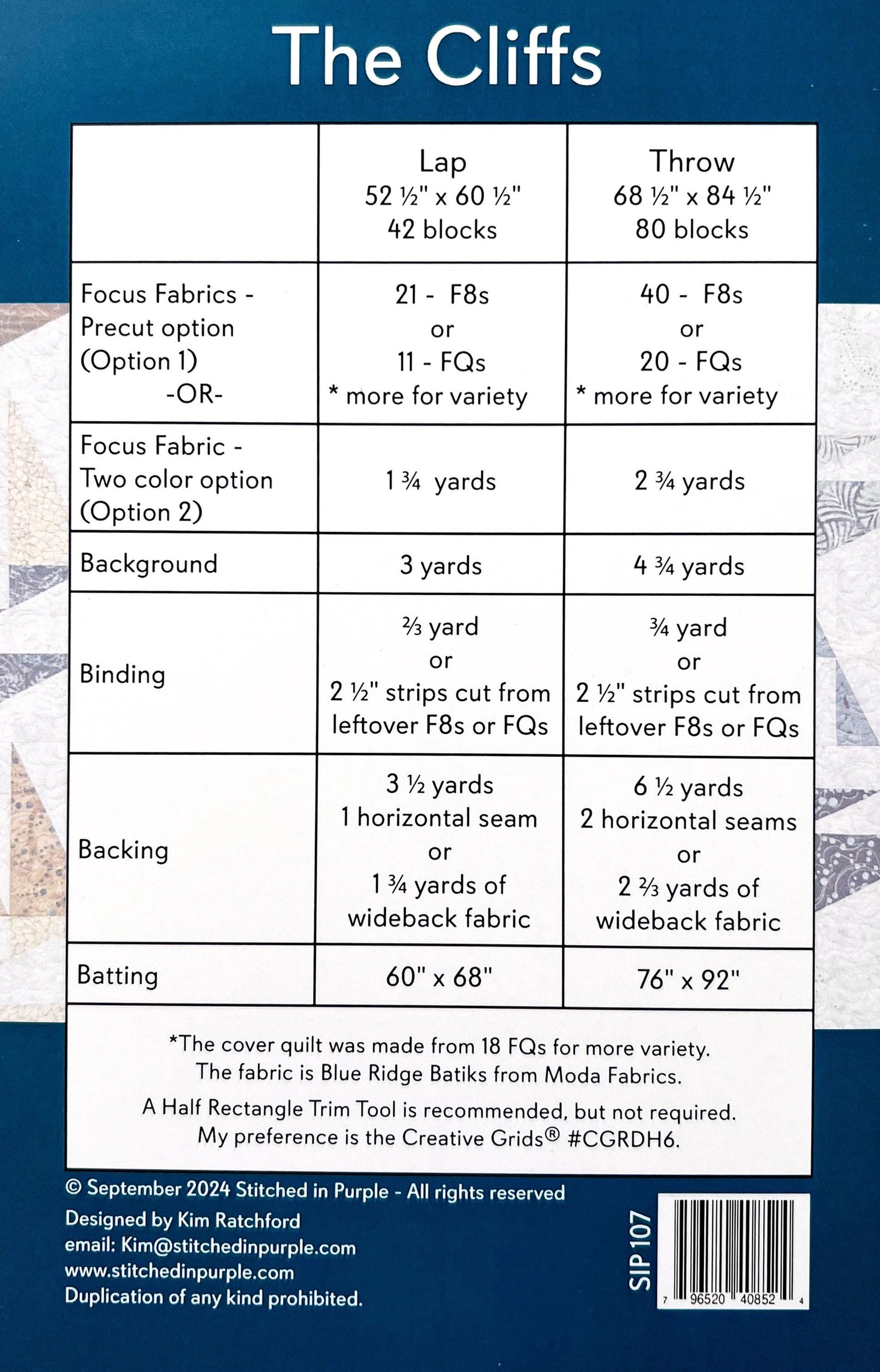 The Cliffs Quilt Pattern, Stitched in Purple SIP107, F8 FQ Fat Eighths Quarters Friendly Modern Contemporary Lap Throw Quilt Pattern