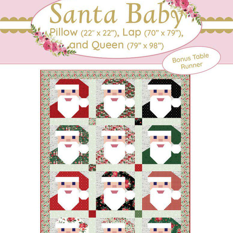 Santa Baby Quilt and Pillow Cover Pattern, Aria and Ava BRQ400, Yardage Friendly Christmas Xmas Santa Throw Queen Bed Quilt Pattern