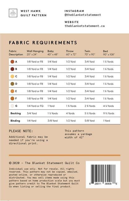 West Hawk Quilt Pattern, The Blanket Statement TBS008, Yardage Friendly Modern Contemporary Native American Southwest Quilt Pattern
