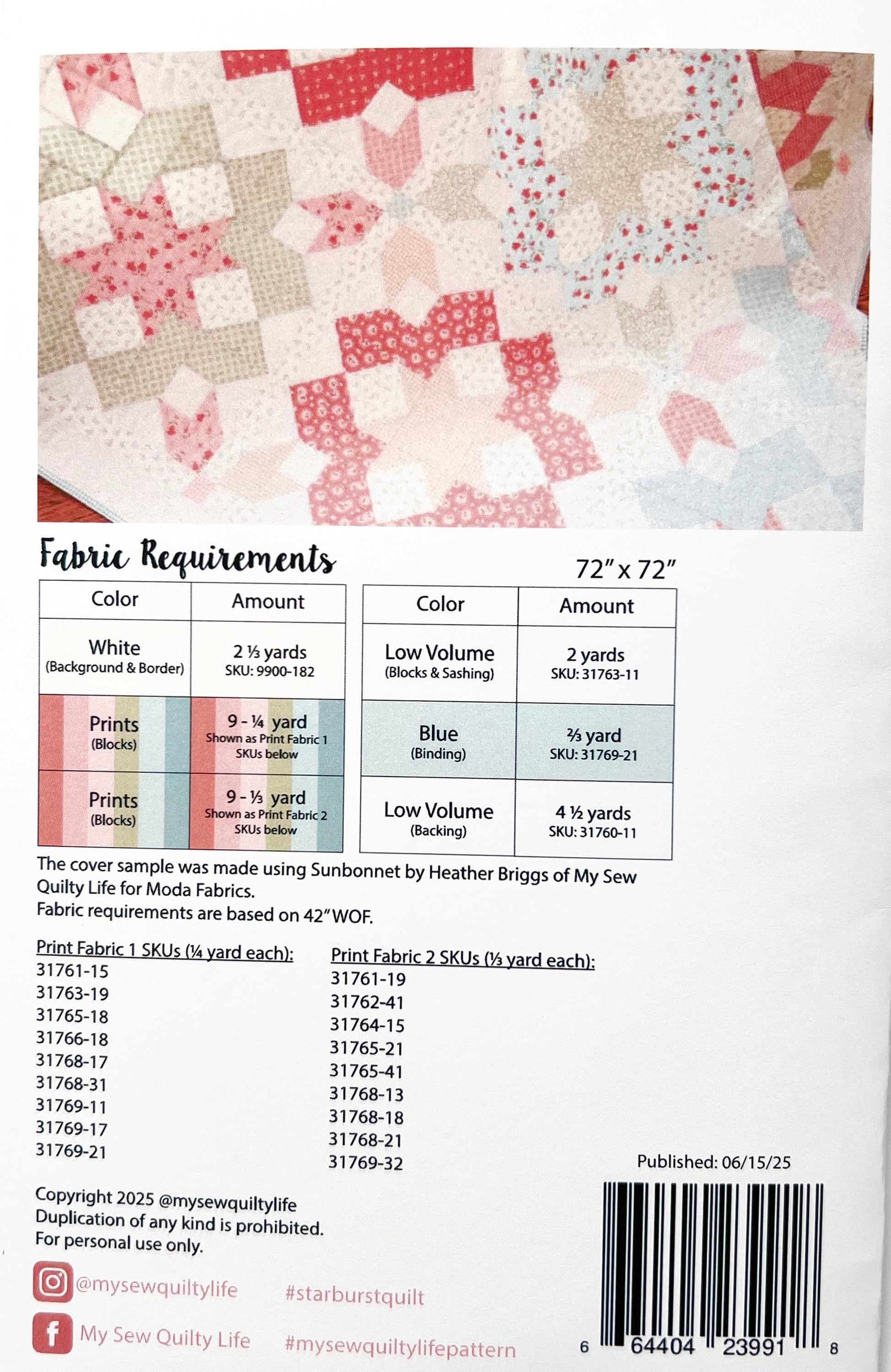 Starburst Quilt Pattern, My Sew Quilty Life MSQL183, Yardage Friendly Stars Square Throw Quilt Pattern