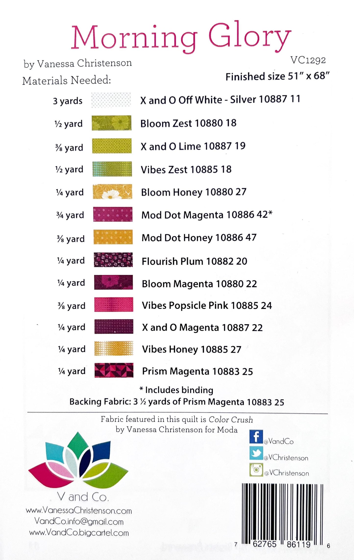 Morning Glory Quilt Pattern, V and Co VC1292, Yardage Friendly Ombre Flowers Quilt Pattern, Vanessa Christenson