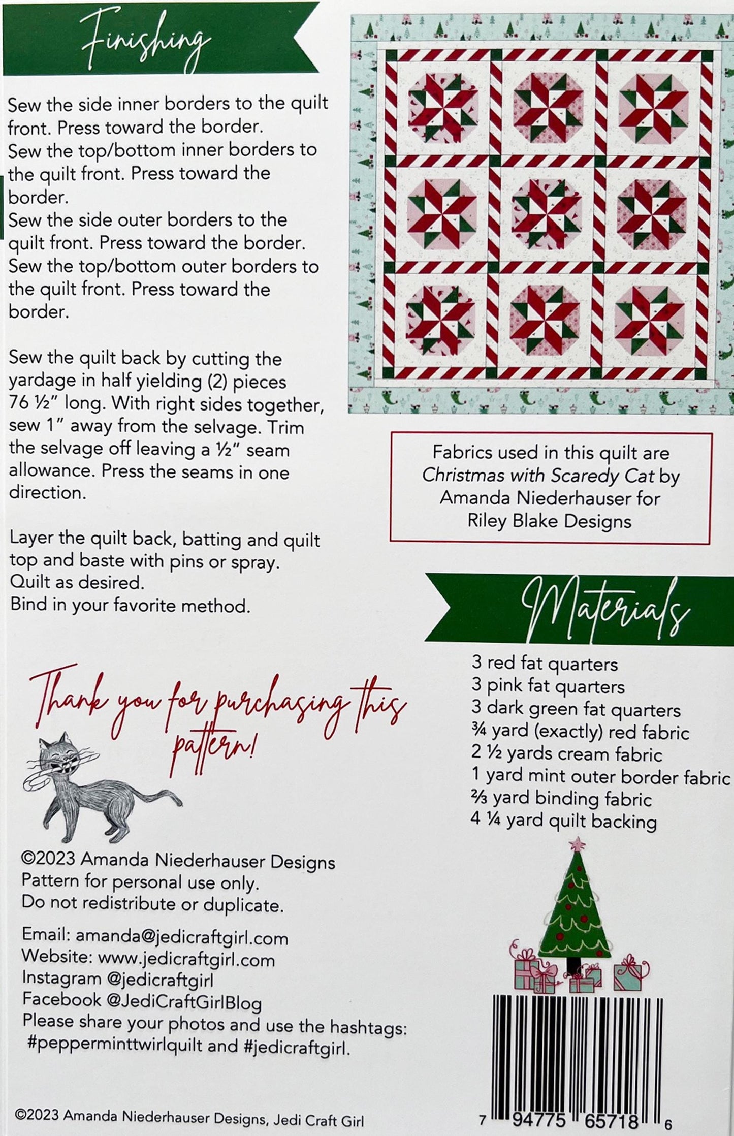 Peppermint Twirl Quilt Pattern, Jedi Craft Girl P156-PEPPERMINTTWIRL, Fat Quarter Friendly Xmas Pinwheel Quilt Pattern, Amanda Niederhauser